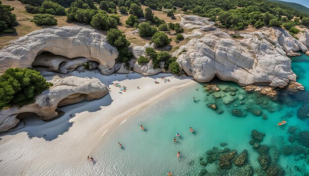 una spiaggia con persone che nuotano e una grande formazione rocciosa