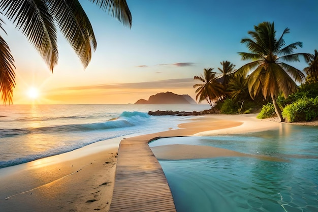 Una spiaggia con piscina e palme sullo sfondo