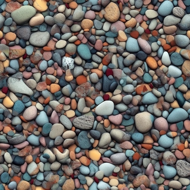 Una spiaggia con rocce colorate e una macchia bianca.