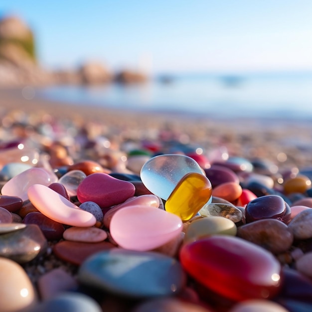 una spiaggia con rocce e ciottoli sulla sabbia.