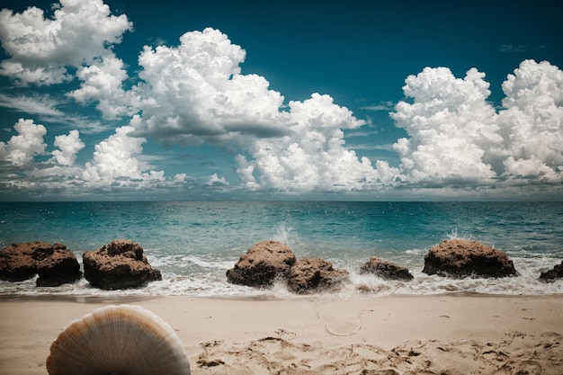 una spiaggia con rocce e conchiglie sulla riva