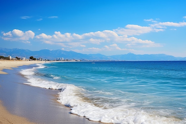 Una spiaggia con rocce e onde blu del mare Egeo