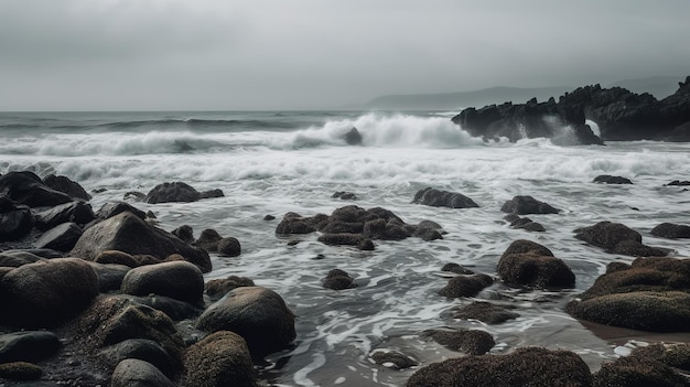 Una spiaggia con rocce e onde nell'acqua e il cielo è nuvoloso.