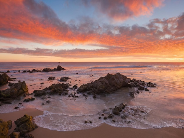 Una spiaggia con scogli e il cielo al tramonto