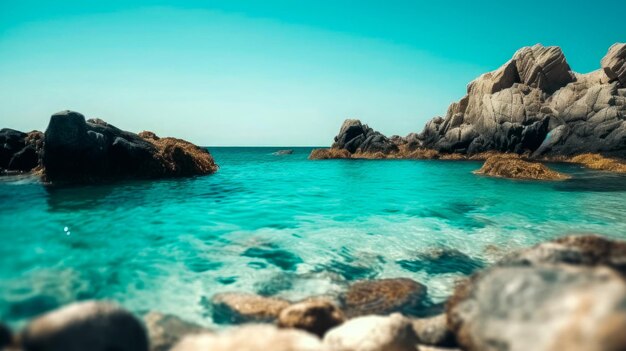 Una spiaggia con scogli e il mare sullo sfondo