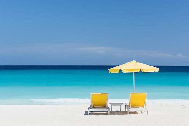 Una spiaggia con sedie gialle e un ombrellone