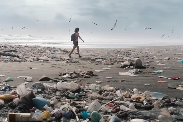 Una spiaggia con sullo sfondo una montagna di rifiuti di plastica sparsi lungo tutta la costa