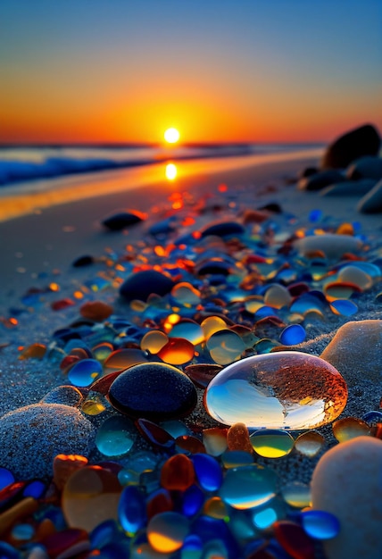 Una spiaggia con tanti ciottoli e il sole che tramonta