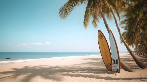 Una spiaggia con tavole da surf e una palma