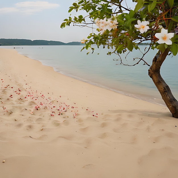 una spiaggia con un albero e fiori nella sabbia