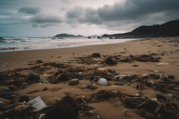 Una spiaggia con un'alga e un cielo nuvoloso