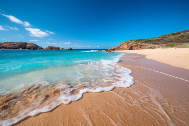 Una spiaggia con un cielo azzurro e sabbia bianca e il mare in primo piano.