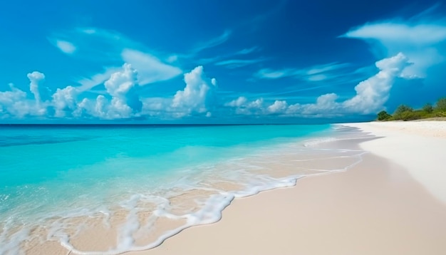 Una spiaggia con un cielo azzurro e sabbia bianca