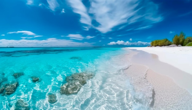 Una spiaggia con un cielo azzurro e sabbia bianca