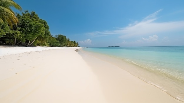 Una spiaggia con un cielo azzurro e sabbia bianca