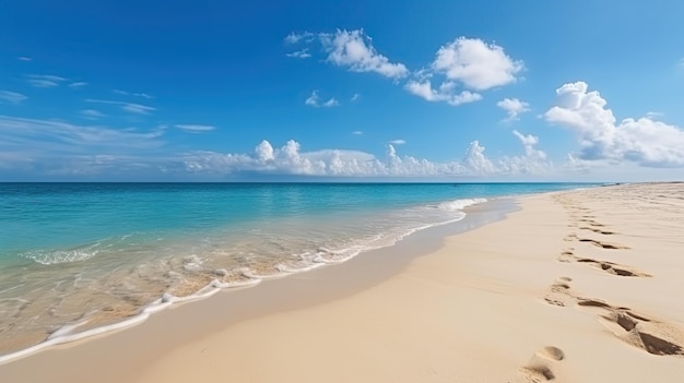 Una spiaggia con un cielo azzurro e sabbia bianca