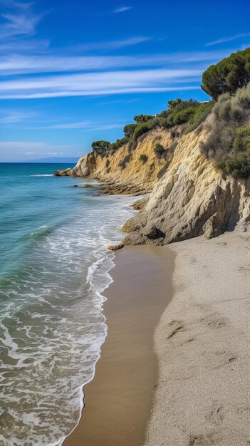 Una spiaggia con un cielo azzurro e sabbia bianca