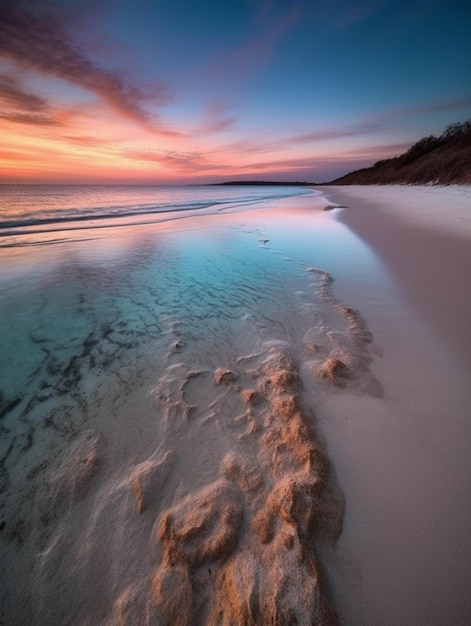 Una spiaggia con un cielo azzurro e un tramonto sullo sfondo