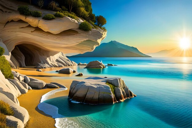 Una spiaggia con un cielo azzurro e una scogliera con una montagna sullo sfondo.