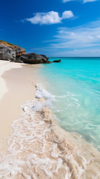Una spiaggia con un cielo blu e una spiaggia di sabbia bianca