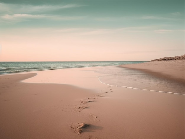 Una spiaggia con un cielo rosa e qualche impronta sulla sabbia