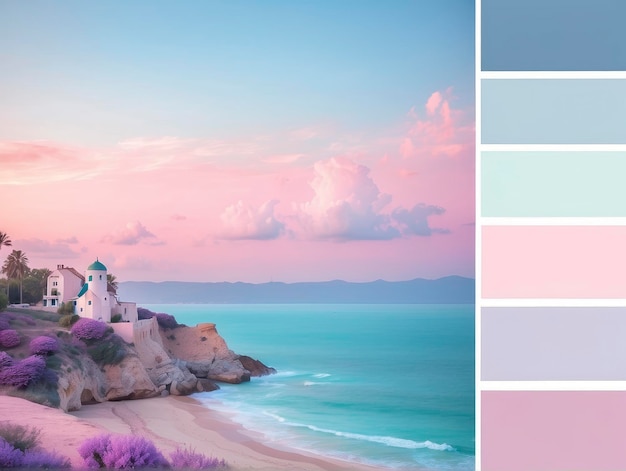 una spiaggia con un faro e una tavolozza di colori rosa e blu