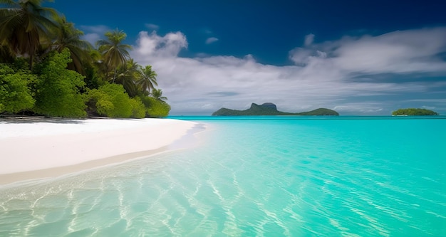 Una spiaggia con un'isola verde sullo sfondo