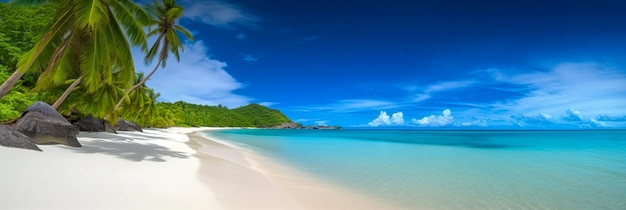 Una spiaggia con un'isola verde sullo sfondo