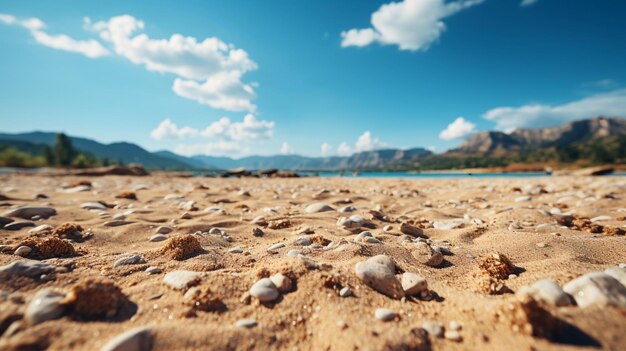 una spiaggia con un lago sullo sfondo