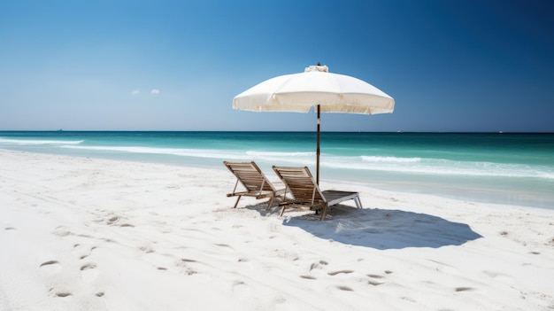 Una spiaggia con un ombrellone e due sdraio in una giornata di sole.