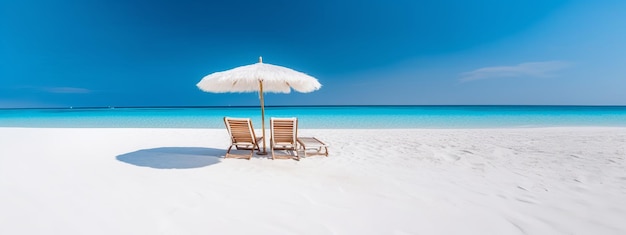 Una spiaggia con un ombrellone e due sdraio