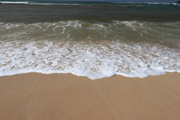 Una spiaggia con un'onda che si infrange su di essa