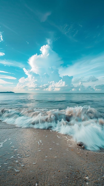 una spiaggia con un'onda che sta per rompersi