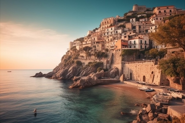 Una spiaggia con un paesino sullo sfondo