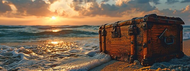 Una spiaggia con un tesoro aperto.