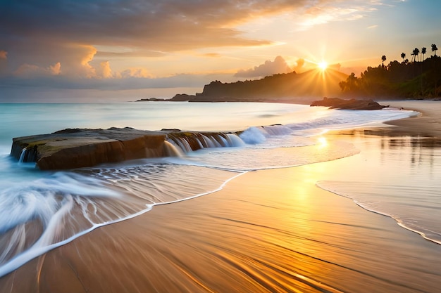 Una spiaggia con un tramonto dorato e il sole che splende sull'acqua