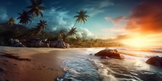 Una spiaggia con un tramonto e alberi di cocco sullo sfondo