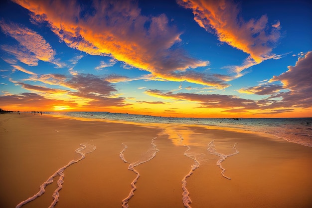 Una spiaggia con un tramonto e l'oceano sullo sfondo