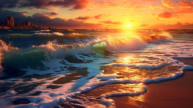 Una spiaggia con un tramonto e le onde AI generativa