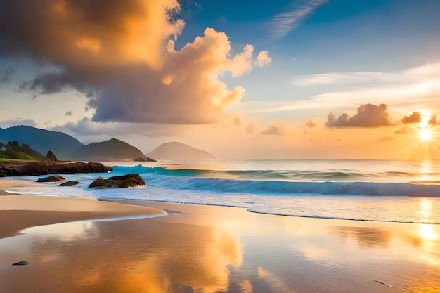 Una spiaggia con un tramonto e montagne sullo sfondo