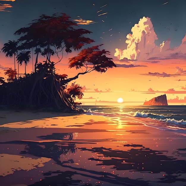 Una spiaggia con un tramonto e un albero sulla spiaggia