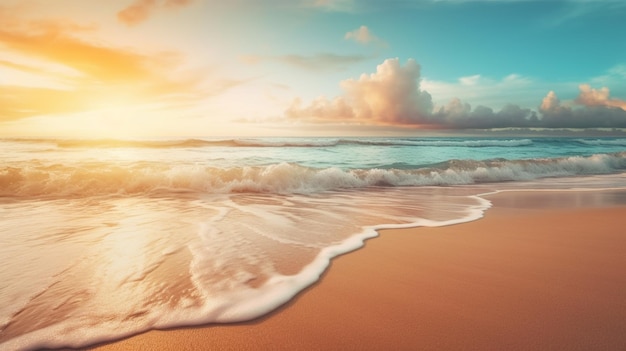 Una spiaggia con un tramonto e un cielo nuvoloso