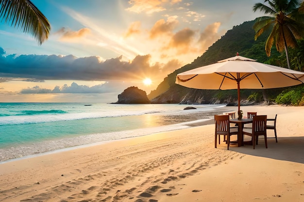 Una spiaggia con un tramonto e un ombrellone