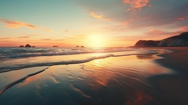 Una spiaggia con un tramonto e una scena da spiaggia