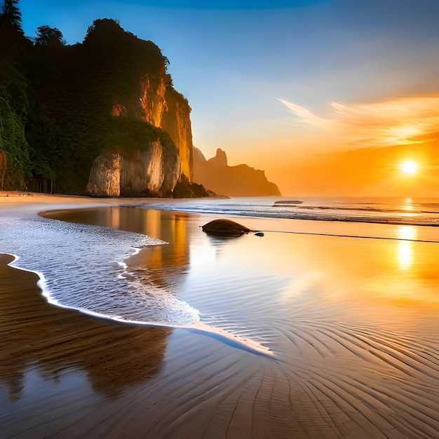 Una spiaggia con un tramonto e una scogliera sullo sfondo