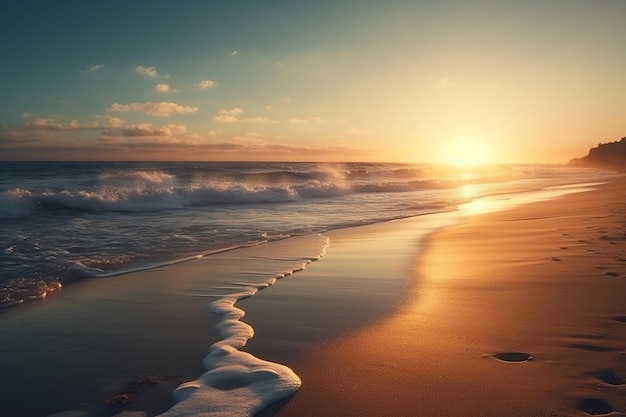 Una spiaggia con un tramonto sullo sfondo