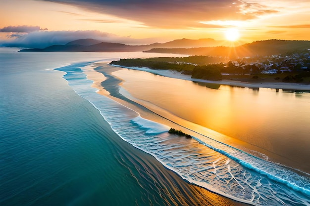 Una spiaggia con un tramonto sullo sfondo