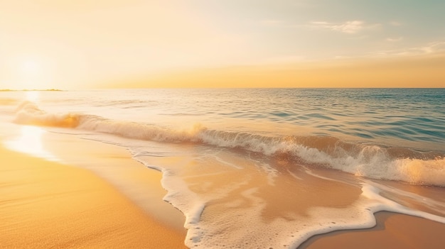 Una spiaggia con un tramonto sullo sfondo