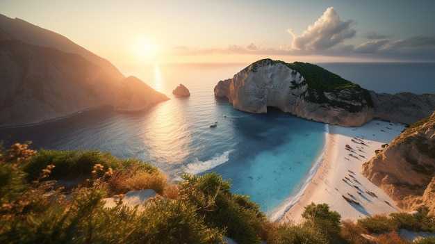 Una spiaggia con un tramonto sullo sfondo