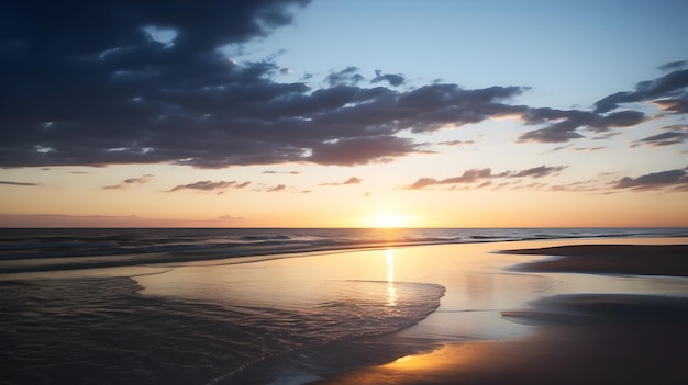 Una spiaggia con un tramonto sullo sfondo